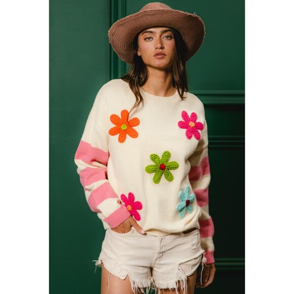 BiBi Colorful Floral Patches Striped Sleeves Relaxed Pullover Sweater | Oatmeal - Picture 5 of 9